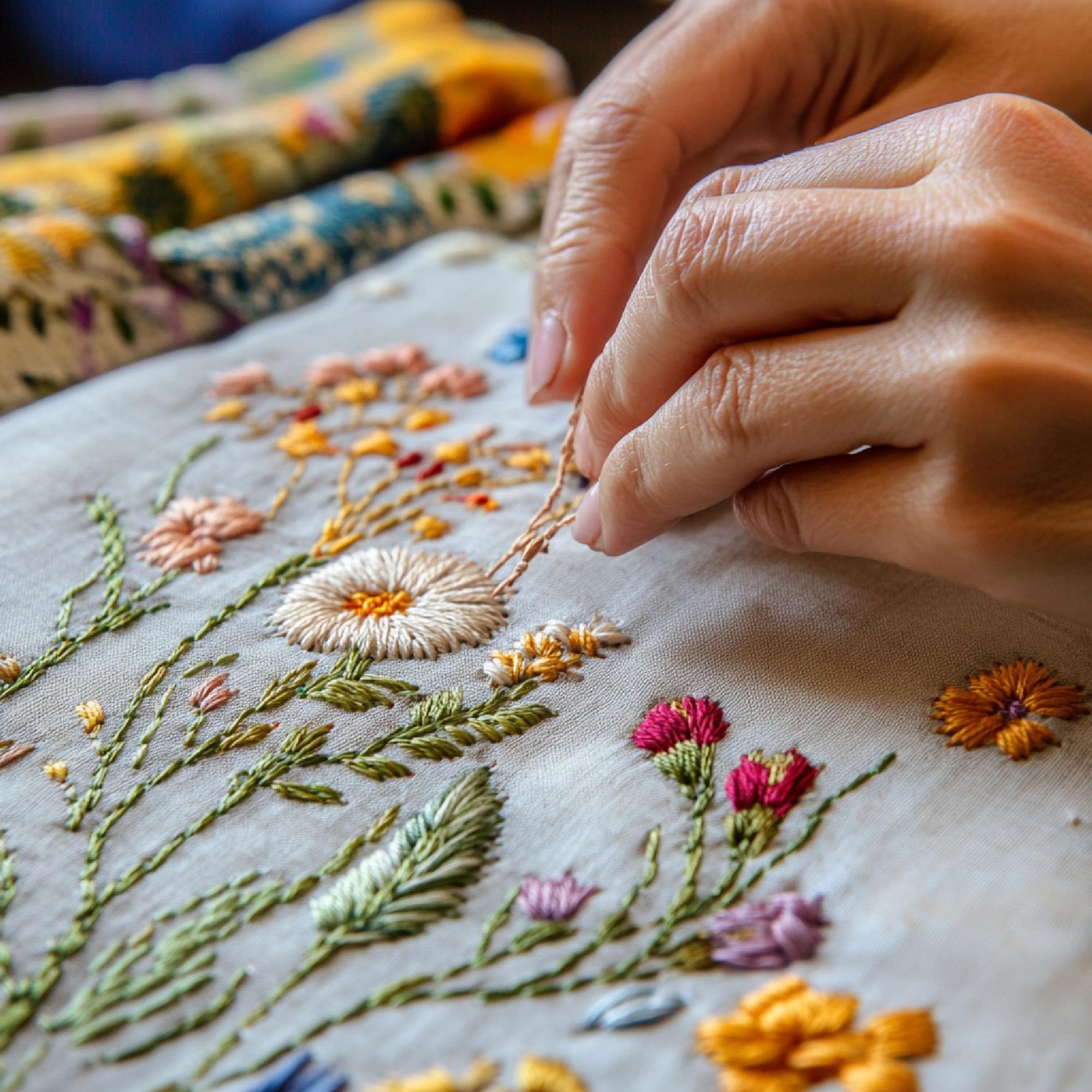 Mano che ricama un fiore su lino neutro